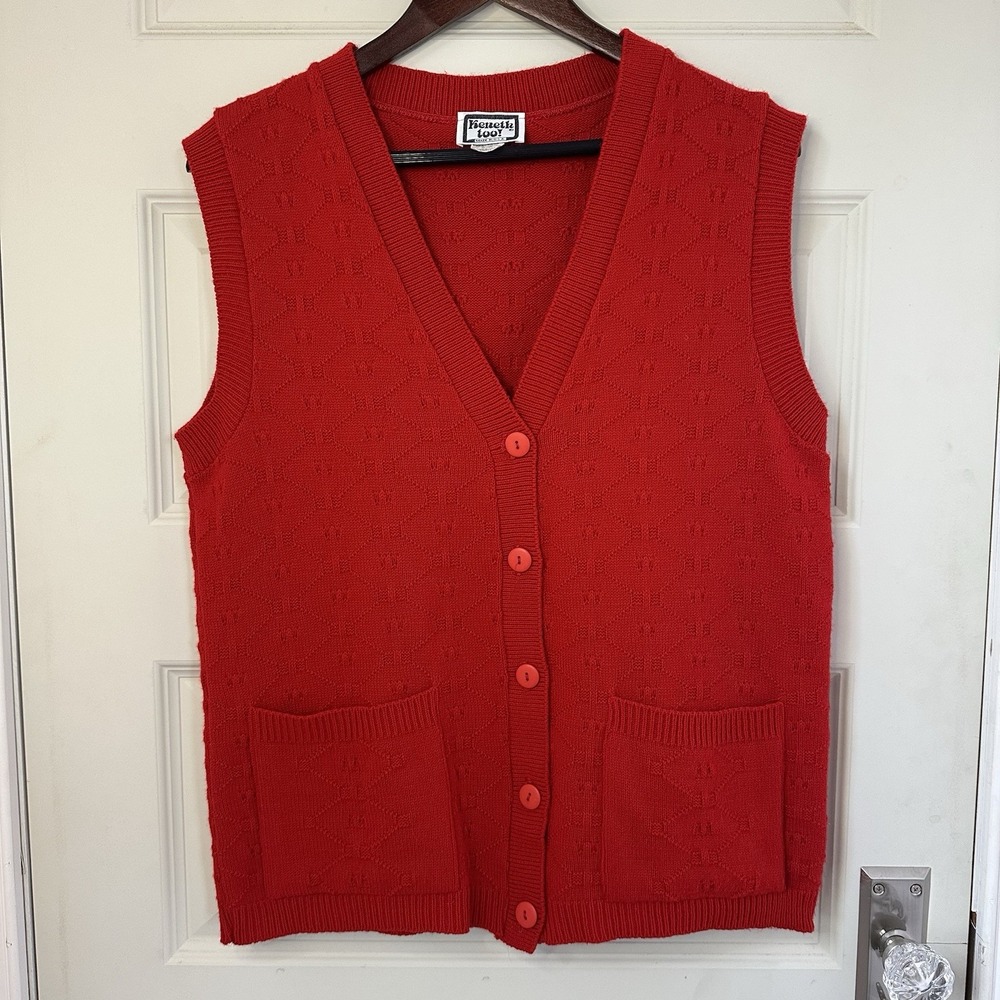 VTG Kenneth Too Sweater Vest Small 80s 90s Sleeveless Acrylic USA Red Pockets